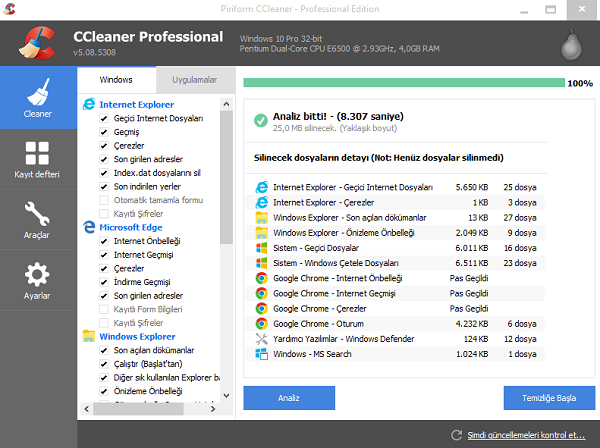 CCleaner ile Java Ve internet Geçmişini silme